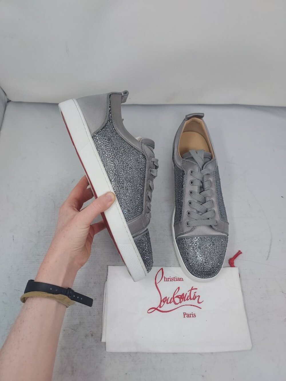 Christian Louboutin Grey Silver MENS Louis Junior Strass Sneaker